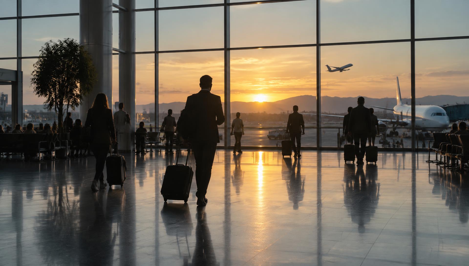 Viajantes no saguão de embarque de um aeroporto internacional ao entardecer